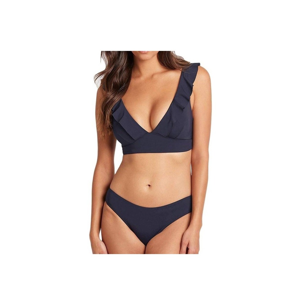 New Sea Level Australia Swim Top Sz‎ 6 Blue Frill Ruffle Plunge Bikini Vacation